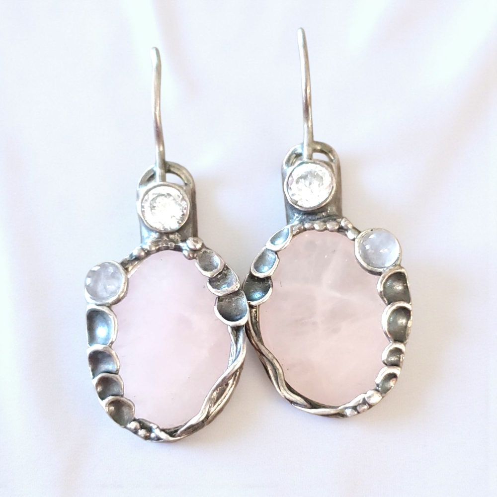 Silpada Rare Rose Quartz Sterling Silver, Moonstone and CZ Earrings W1274
